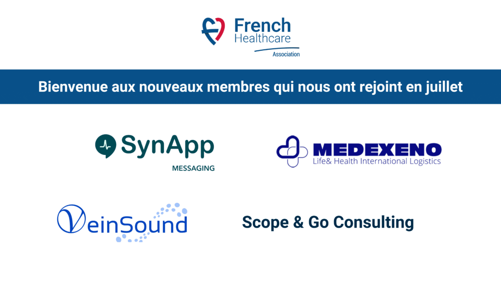 Un photomontage des logos des nouveaux adhérents de French Healthcare Association pour le mois de septembre avec un message de bienvenue