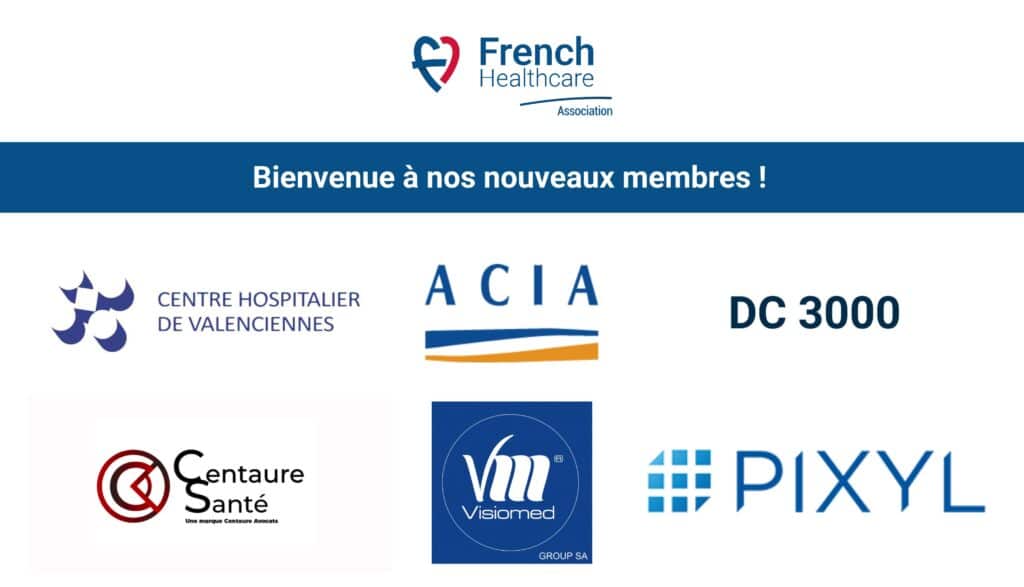 Photomontage des logos des nouveaux adhérents à la French Healthcare Association pour le mois de septembre avec un message de bienvenue